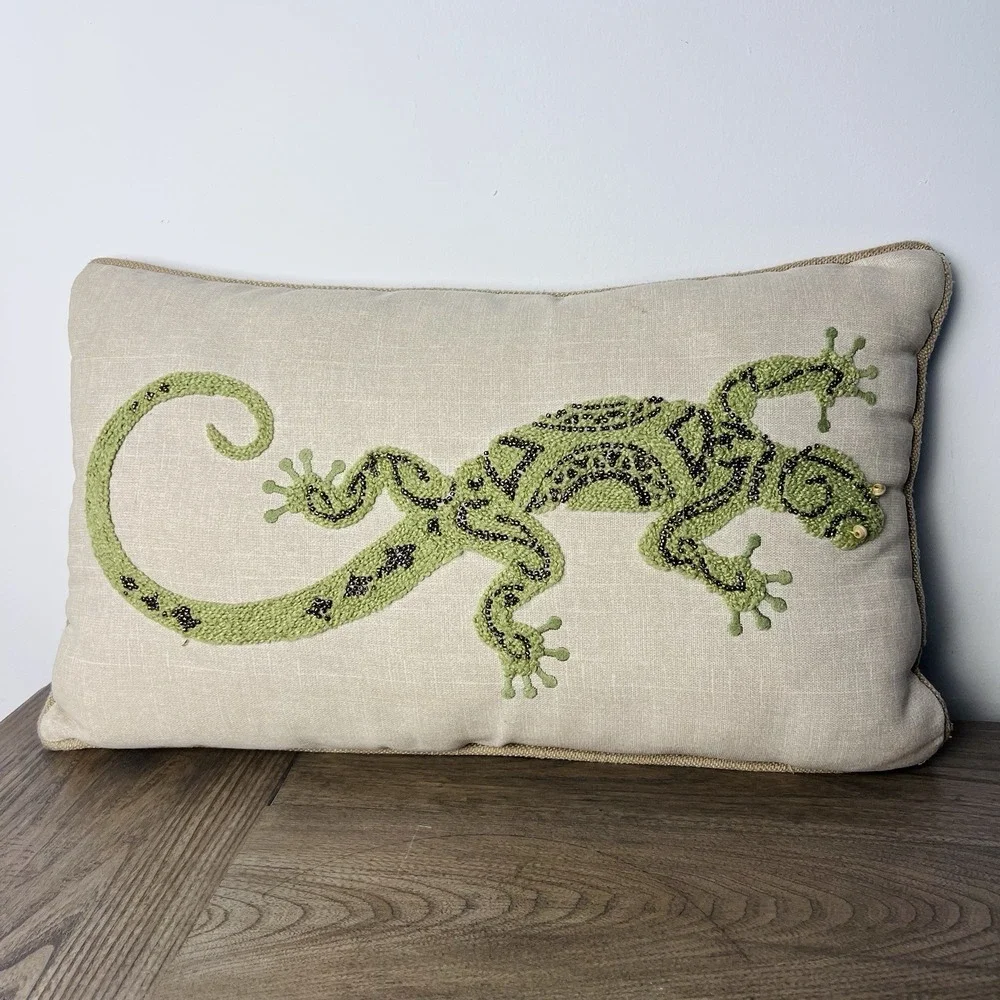 Pier 1 Imports Beaded Embroidered Lizard Gecko Lumbar Pillow 19x10 Boho Decor